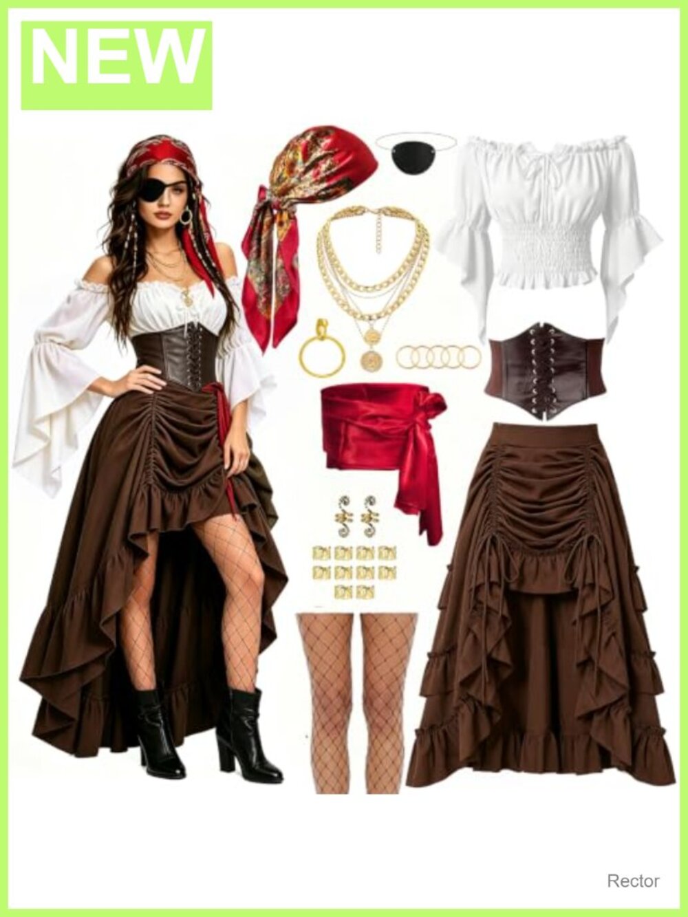 10 PCS Pirate Costume Set Off-Shoulder Top Drawstring Skirt Corset Halloween